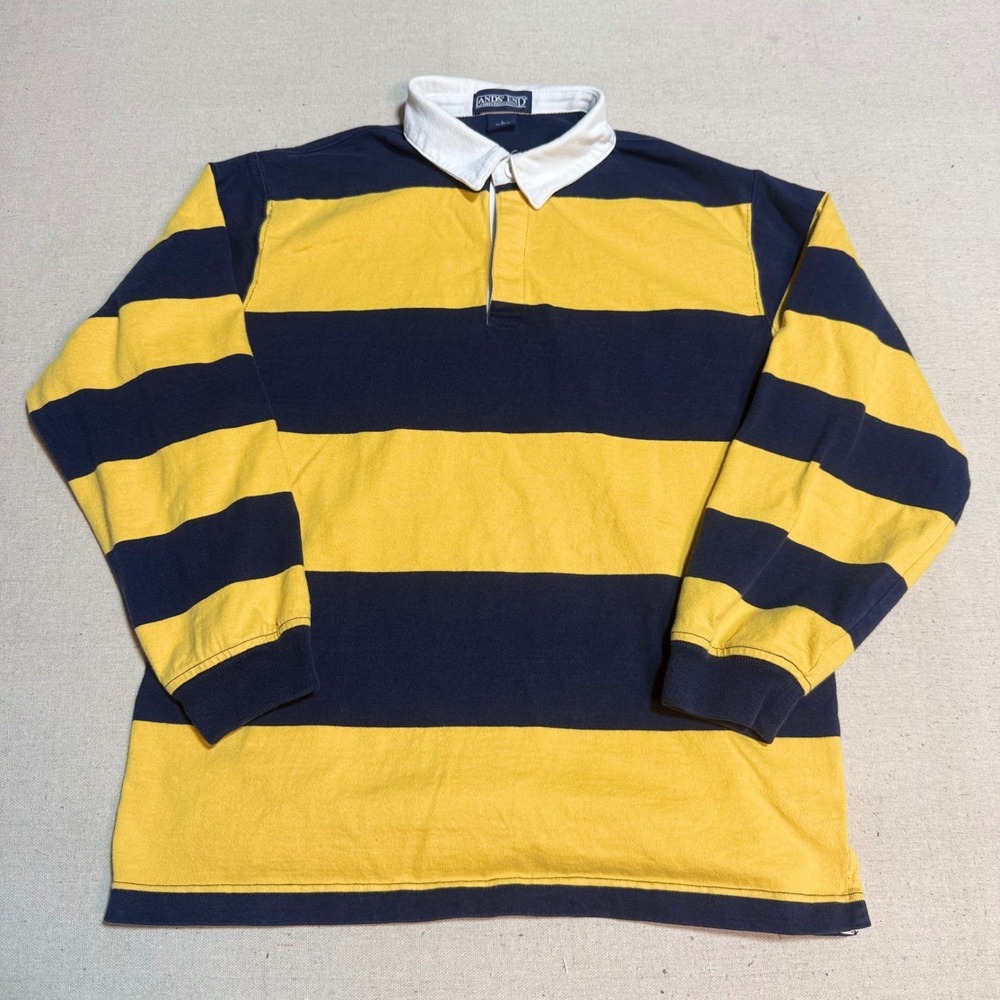 Lands End Rugby Shirt Large L Striped Yellow Navy Blue Cotton Long Sleeve Mens
